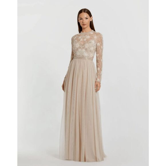 Mac Duggal Beige Embellished Illusion High Neck Long Sleeve Gown in Vanilla Size - Picture 1 of 10